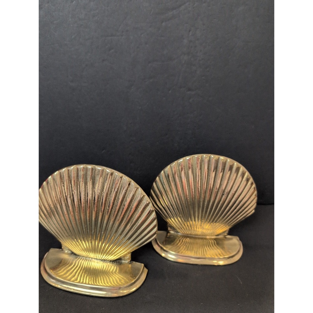 Vintage Brass Regency, Art Deco Clamshell Bookends 1960s Heavy